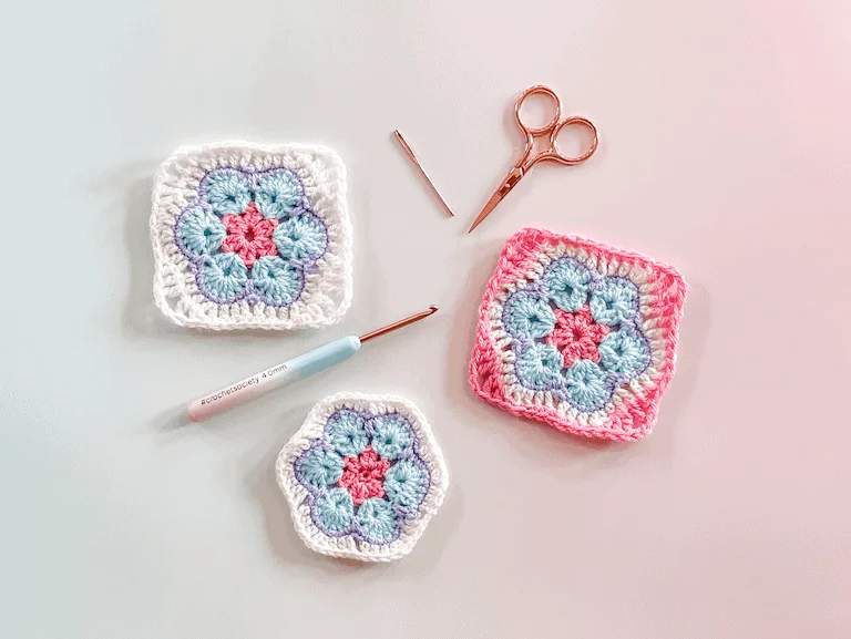 3 Africa Flower crochet pieces, 2 as African flower granny squares.