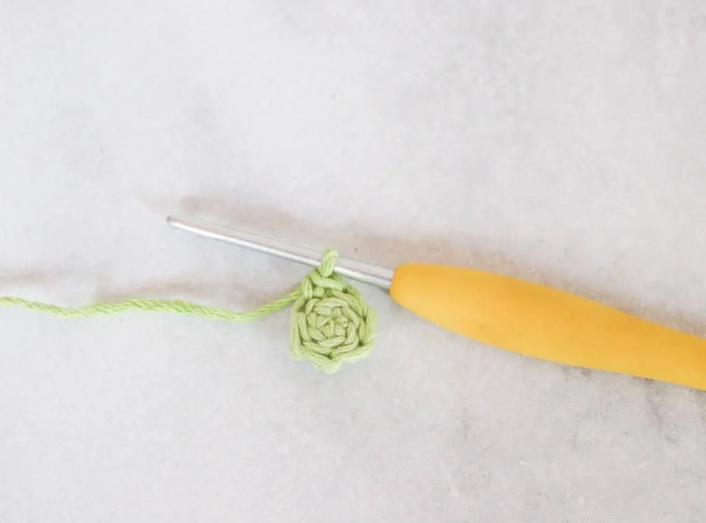 Crochet hook with the start of a crochet flower